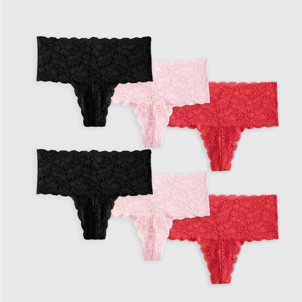 Quince Stretch Lace Cheeky Thong 6 Pack Color: Black/Pale Pink/Ruby